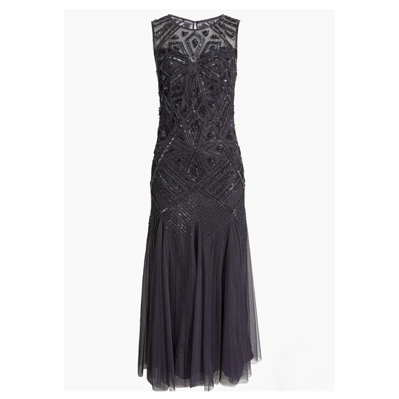 Pisarro Nights Slate Blue Geometric Beaded Sleeveless Gown D-2621 Size 14 - Picture 5 of 13